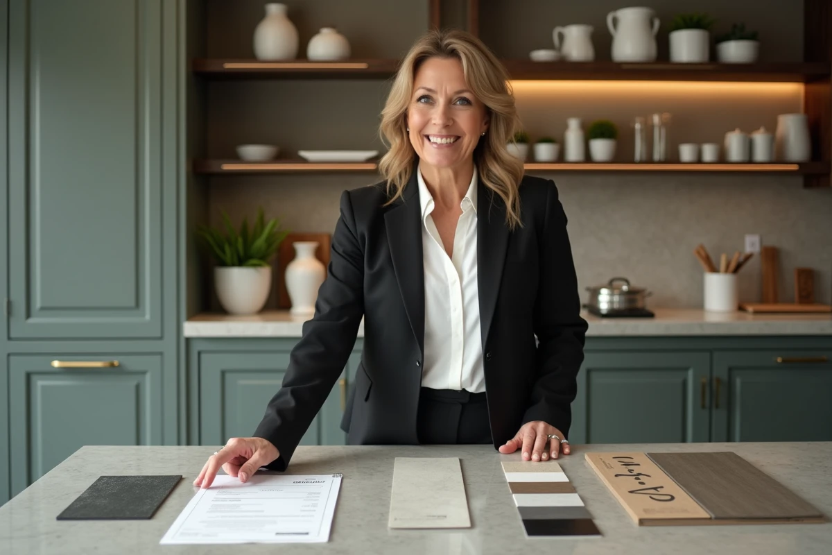 Décoratrice d'intérieur présentant un devis de prestation déco avec planches et échantillons de matériaux dans un showroom cuisine