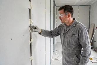 Ouvrier inspectant un défaut d'alignement sur un doublage montant placo dans un appartement en rénovation