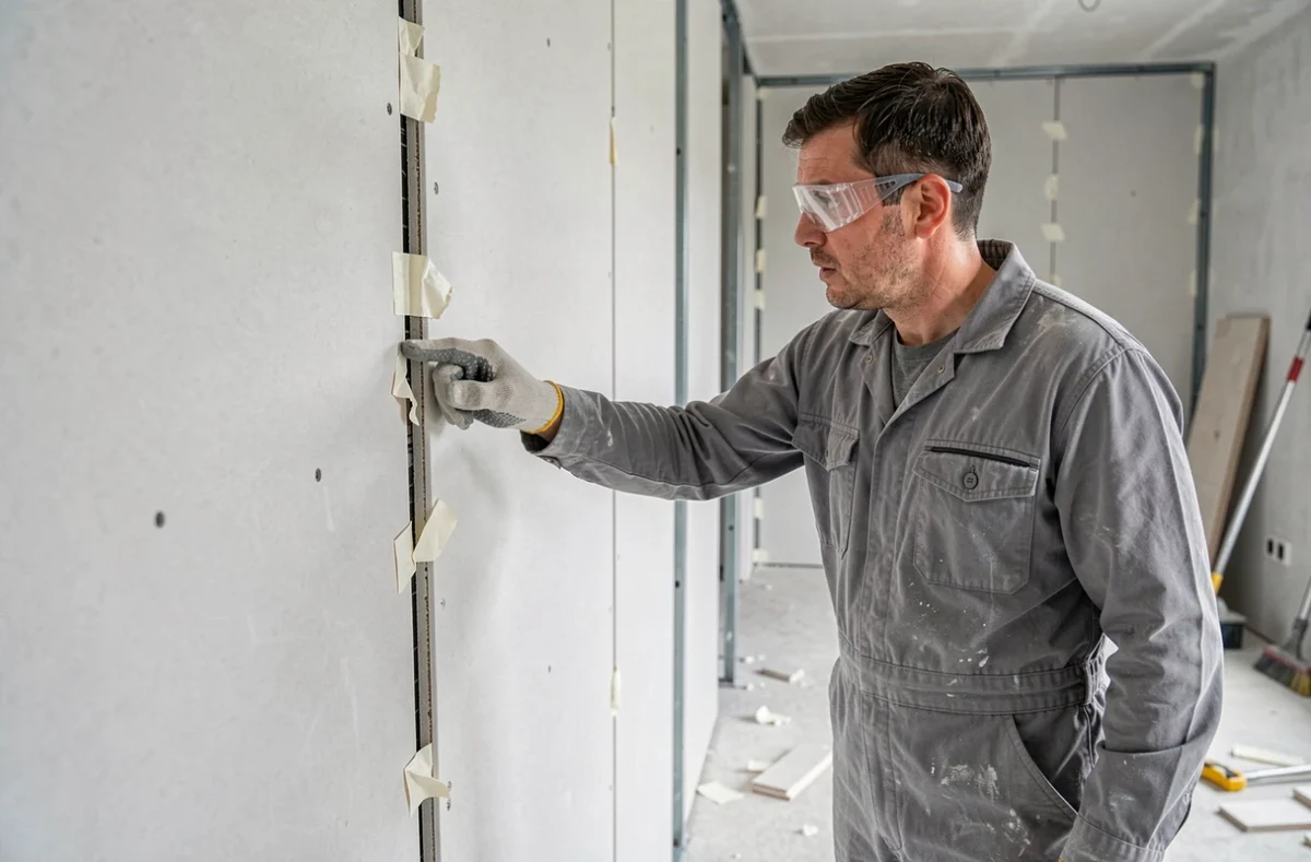 Ouvrier inspectant un défaut d'alignement sur un doublage montant placo dans un appartement en rénovation