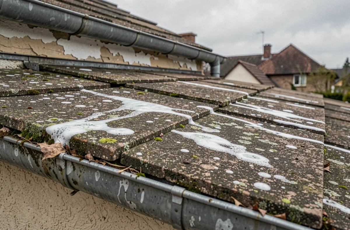 Tuiles de toiture abîmées avec résidus de javel et taches de mousse, détail des dégâts causés par un mauvais traitement