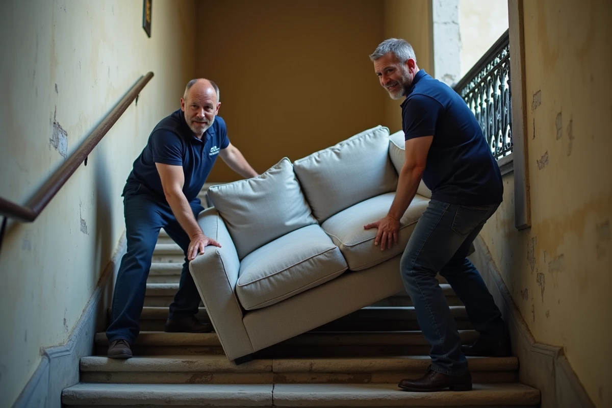 Déménageurs professionnels peinent à déplacer un canapé dans un escalier étroit d'immeuble parisien