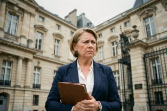 Députée RN devant un bâtiment parlementaire français lors d'une affaire politico-juridique