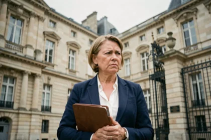 Députée RN devant un bâtiment parlementaire français lors d'une affaire politico-juridique