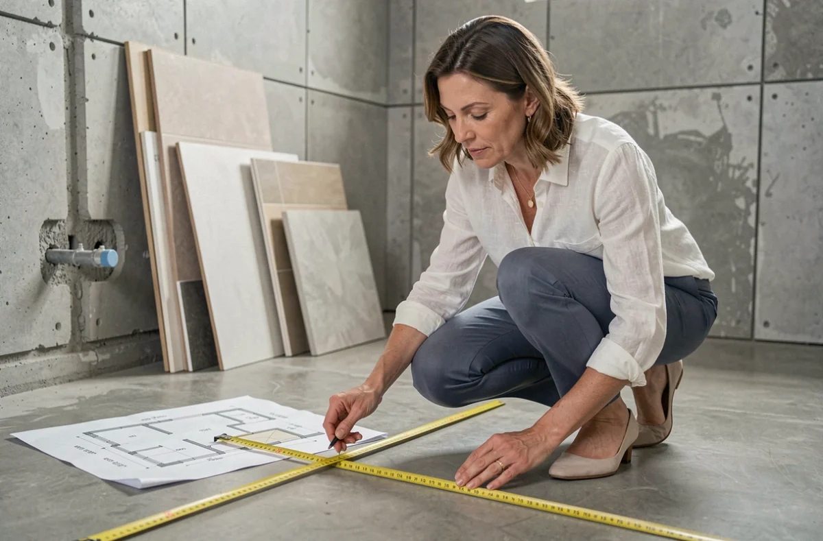 Designer d'intérieur mesurant les dimensions d'une salle de bain en rénovation avec mètre ruban et plan technique pour optimiser la surface disponible