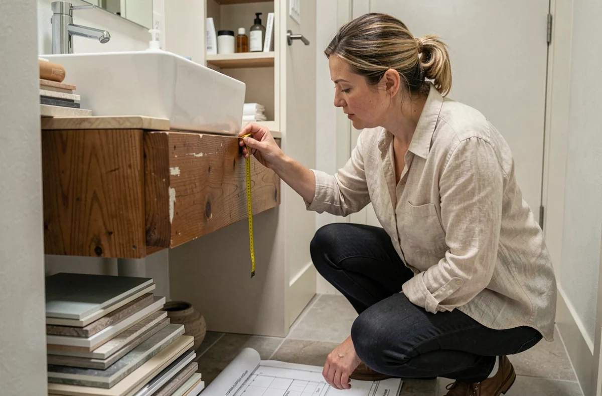 Designer intérieur mesurant les dimensions d'une vasque pour une salle de bain étroite avec mètre ruban