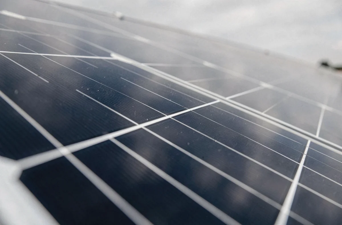 Gros plan sur la surface de cellules d'un panneau solaire monocristallin avec ses caractéristiques buses métalliques