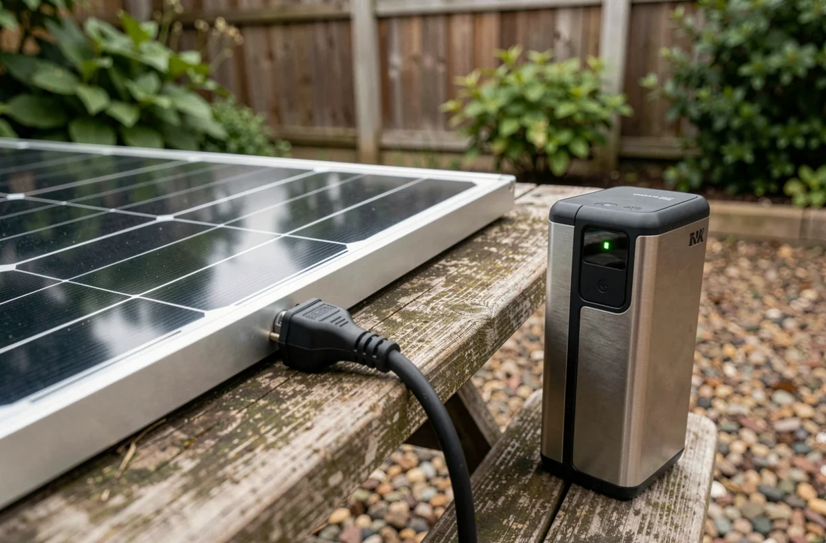 Gros plan sur la prise électrique et la batterie d'un kit solaire plug and play posés sur une table de jardin en bois