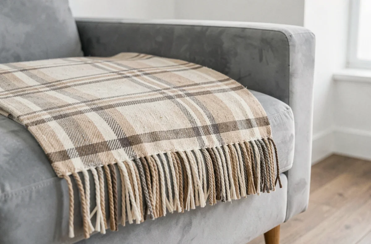 Gros plan sur la texture d'un plaid beige à motif carreaux discrets posé sur un canapé en velours gris clair