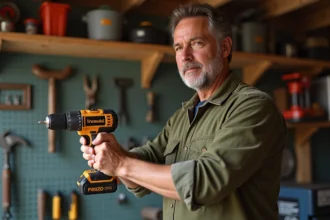Homme utilisant une visseuse électrique en mode marche arrière pour dévisser une vis dans un atelier de bricolage