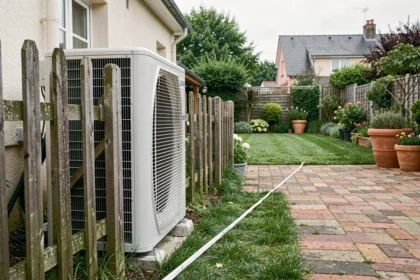 Pompe à chaleur installée près d'une clôture avec mesure de distance réglementaire en milieu pavillonnaire