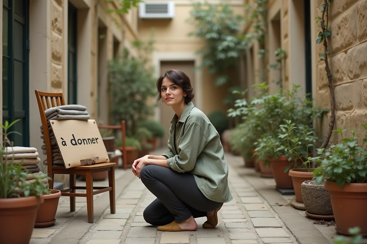 Femme organisant des objets à donner dans une cour intérieure parisienne pour un débarras écologique