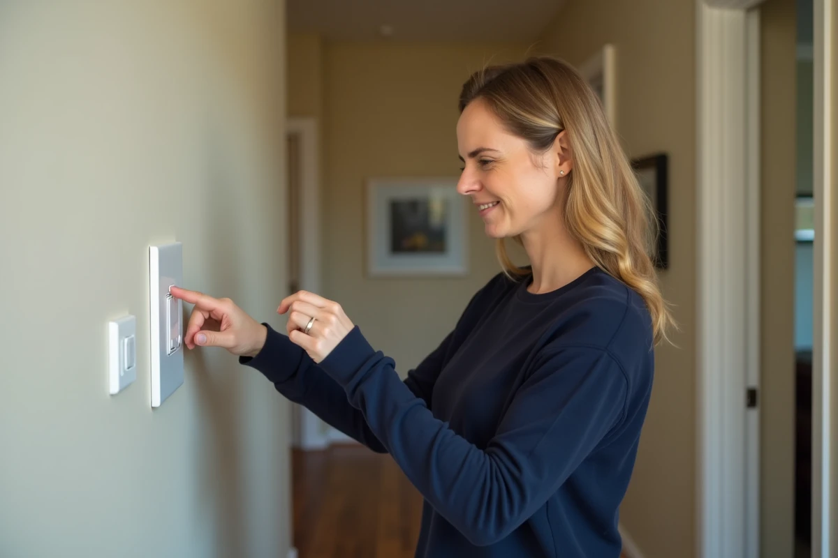 Femme constatant un dysfonctionnement d'un interrupteur poussoir dans un couloir de maison individuelle