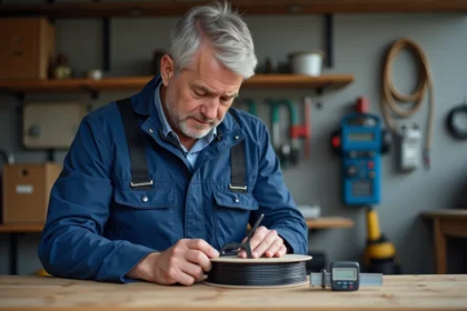 Électricien homme en atelier mesurant un fil électrique