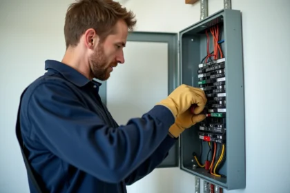 Électricien connectant des câbles colorés dans un tableau électrique résidentiel ouvert