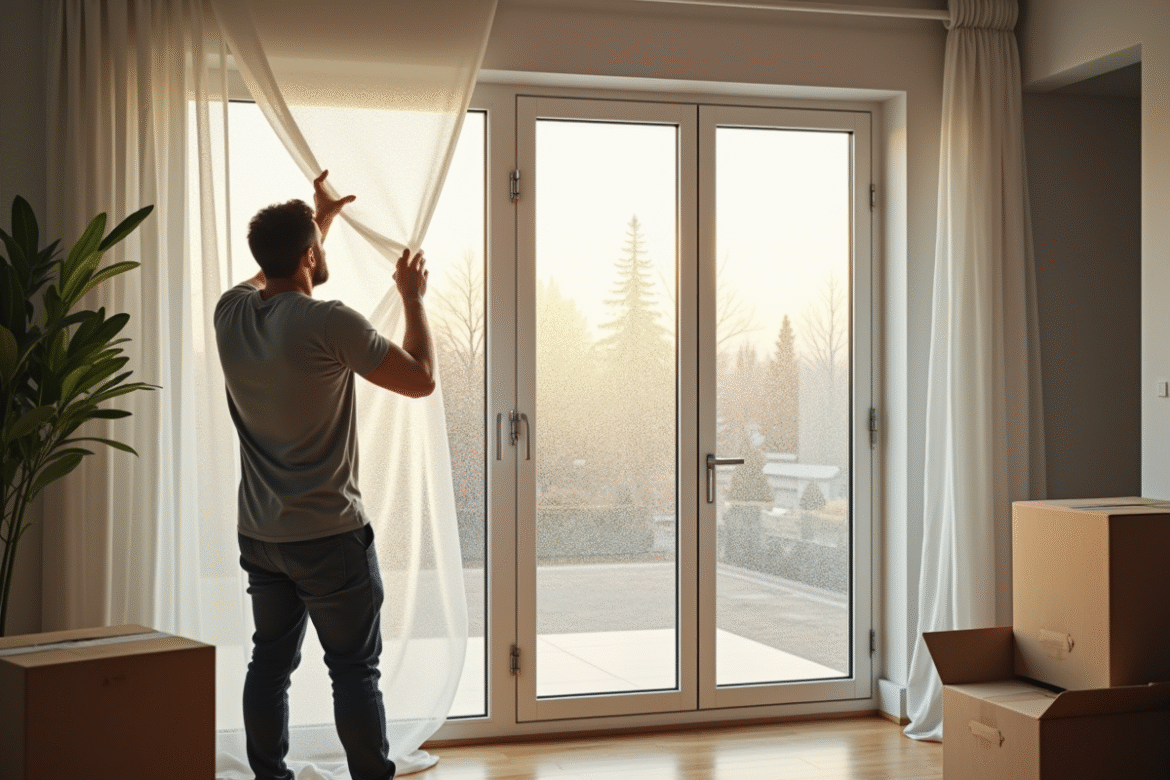 Personne enveloppant une grande vitre avec du bulle lors d'un déménagement dans un salon lumineux