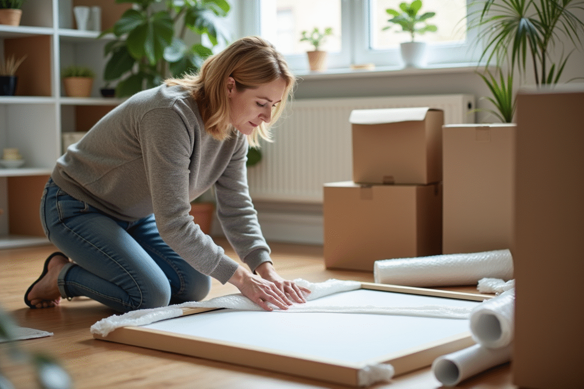 Femme enveloppant une peinture dans un appartement lumineux