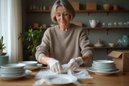 Femme emballant de la porcelaine avec soin dans une salle à manger chaleureuse