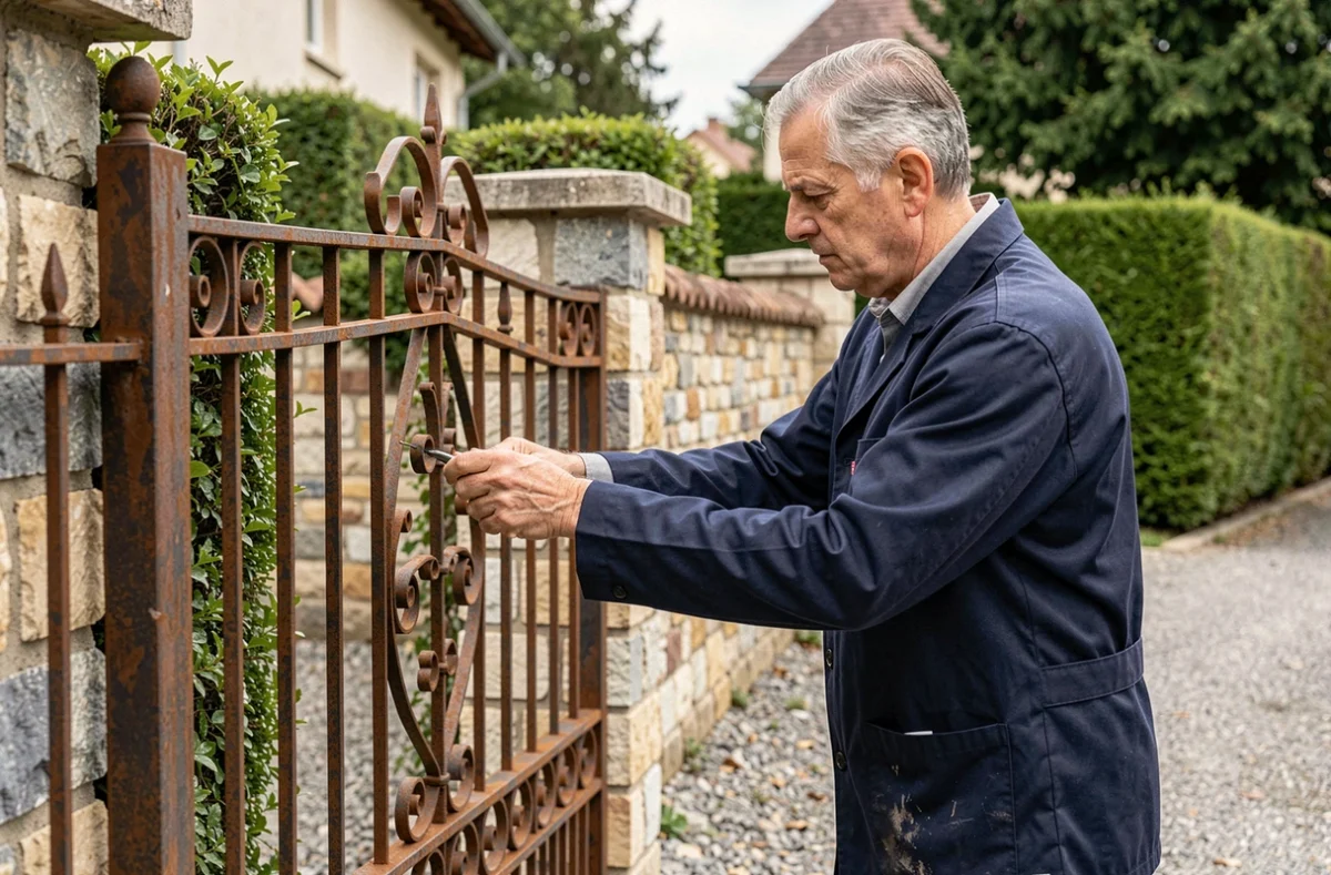 Artisan installant un portail en fer forgé devant une maison en Essonne