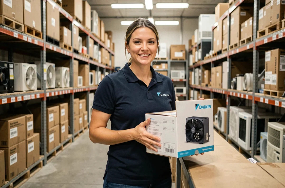 Employée d'un entrepôt de pièces HVAC présentant un compresseur de remplacement pour pompe à chaleur Daikin
