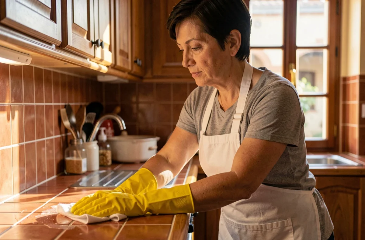Employée de maison portant des gants jaunes nettoyant un plan de travail dans une cuisine espagnole