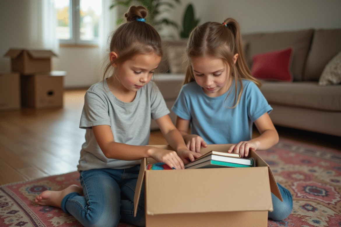 Jeunes enfants emballant des livres dans une salle moderne