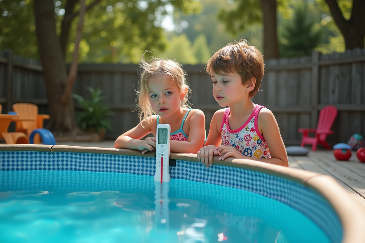 Deux enfants regardant le thermometre de la piscine