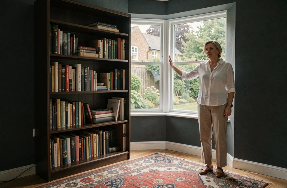 Femme observant un petit salon mal aménagé avec bibliothèque devant une baie vitrée et murs sombres réduisant visuellement l'espace