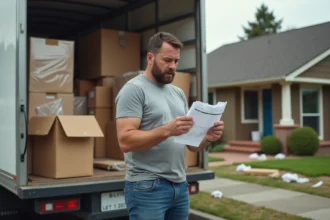 Homme stressé devant un camion de déménagement surchargé avec des cartons mal emballés et une facture en main