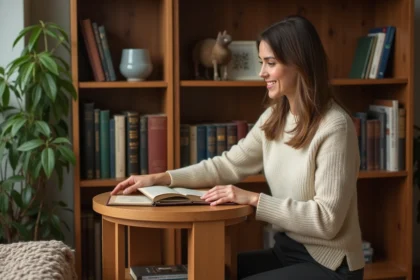 Femme dans un coin lecture avec étagère en bois élégante