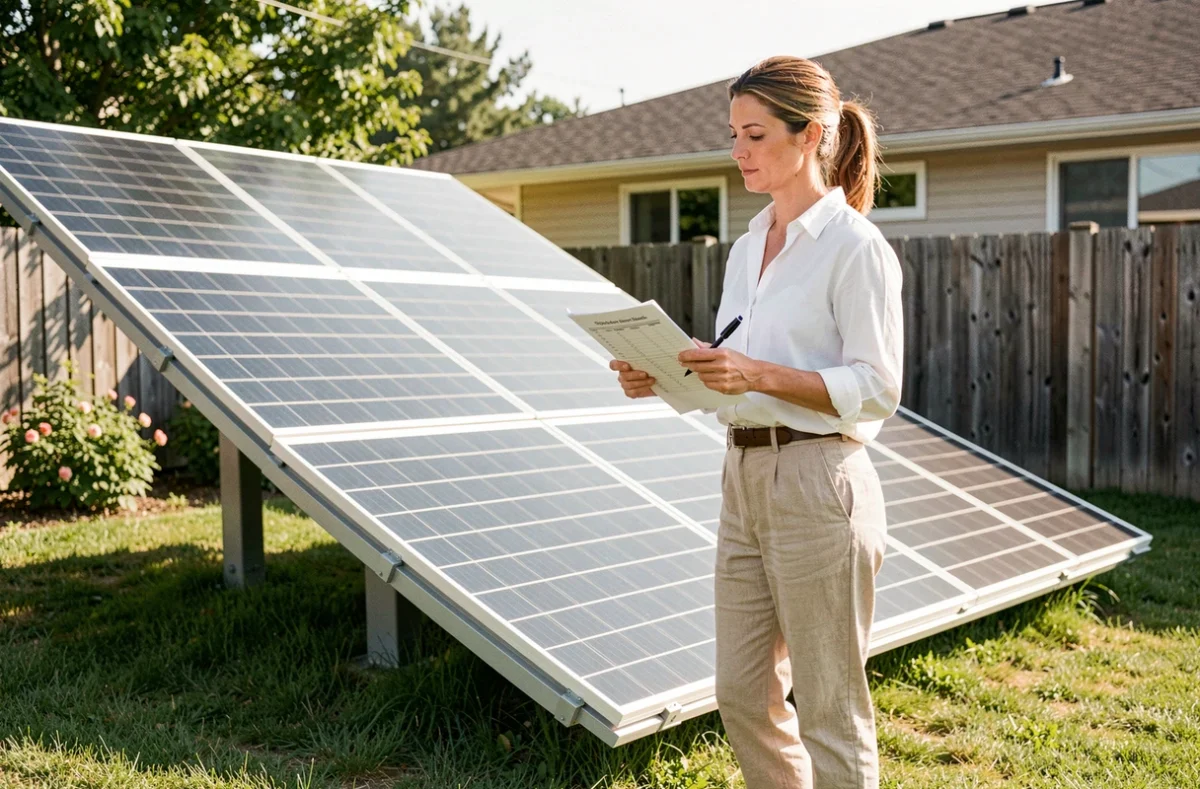Femme évaluant l'installation de panneaux solaires au sol dans un jardin résidentiel