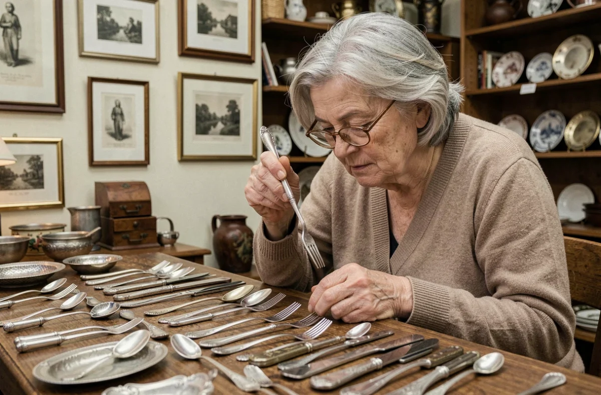Une femme âgée examine un couvert en argent avec une loupe dans une boutique d'antiquités