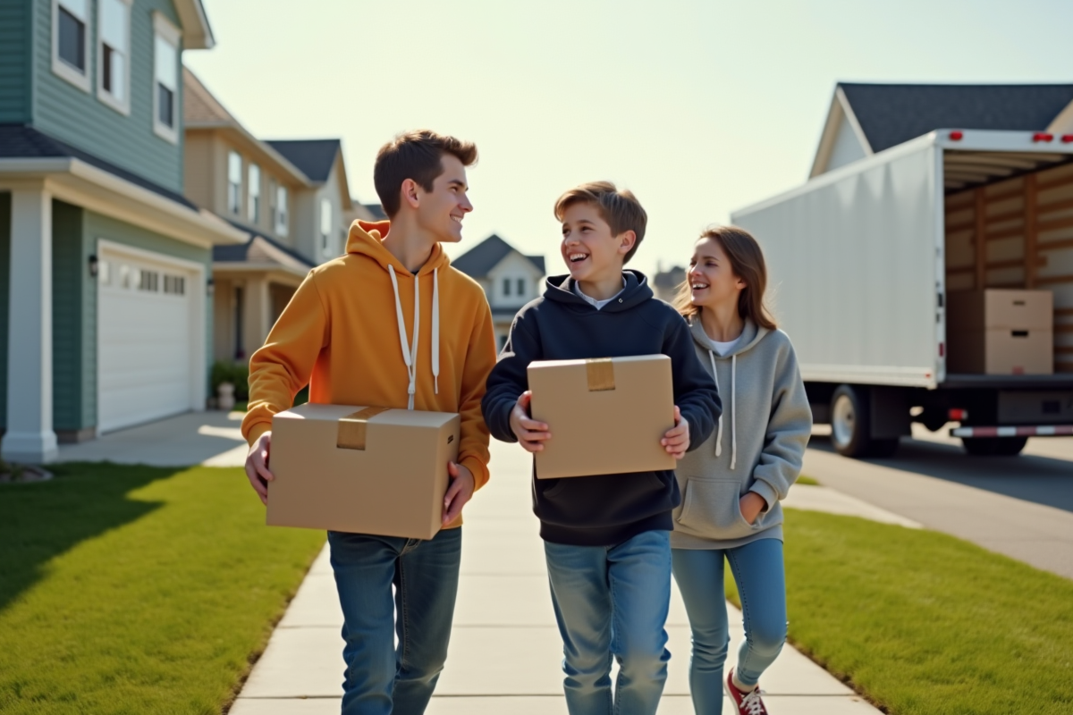 Famille avec adolescents devant une maison neuve
