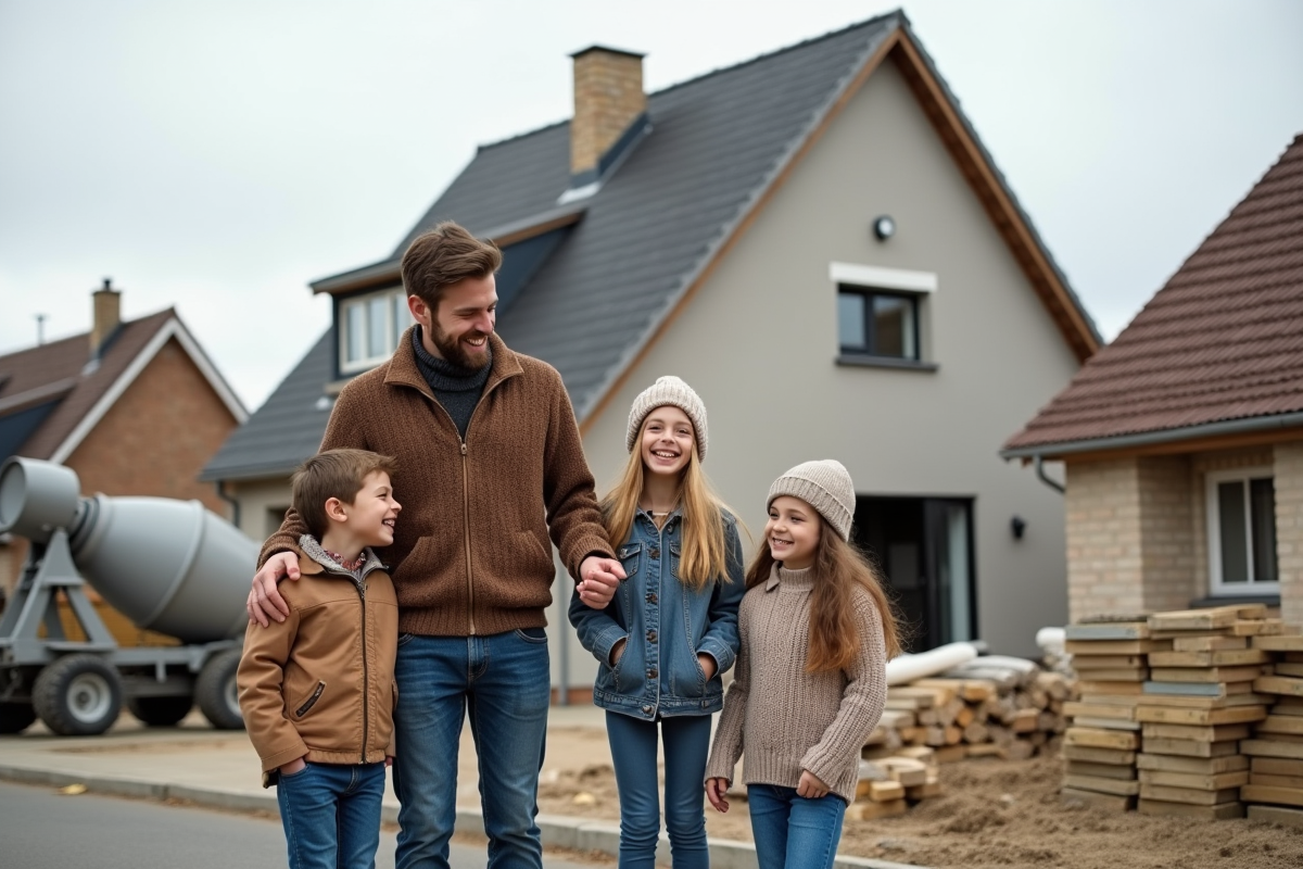 Famille souriante devant extension de maison en construction