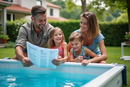Famille souriante installant une piscine moderne dans leur jardin