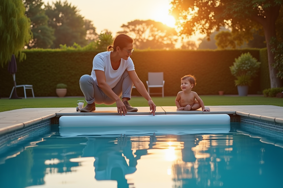 Parent montrant la couverture automatique de la piscine au coucher du soleil