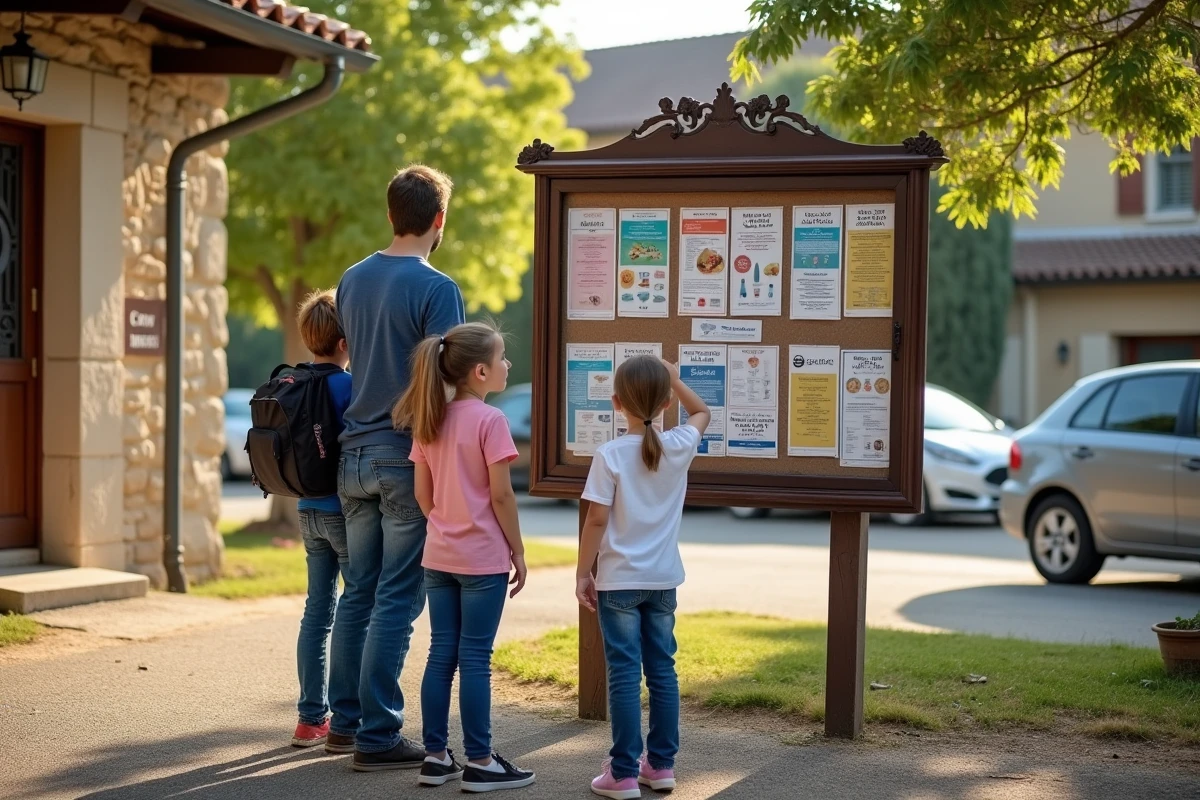 Famille avec enfants regardant un panneau d
