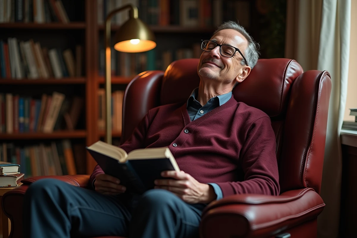 Fauteuil relax en cuir bordeaux incliné avec repose-pieds, homme se reposant dans un intérieur cosy