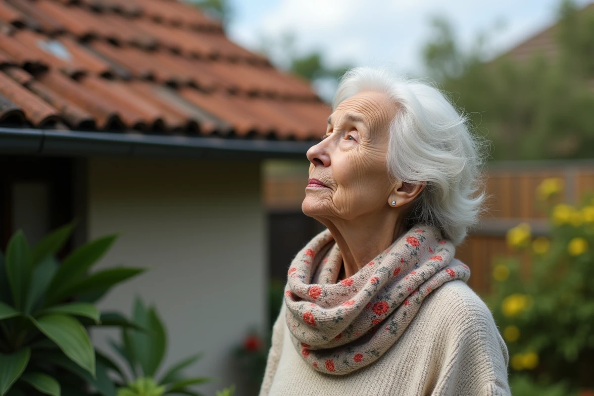 Femme âgée regardant les tuiles endommagées de son toit