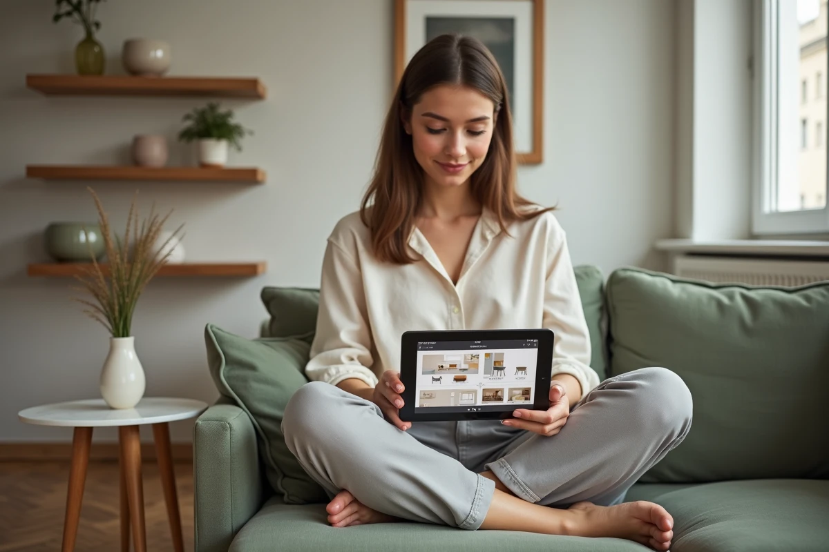Jeune femme utilisant une application de décoration intérieure sur tablette dans un petit appartement parisien au style raffiné