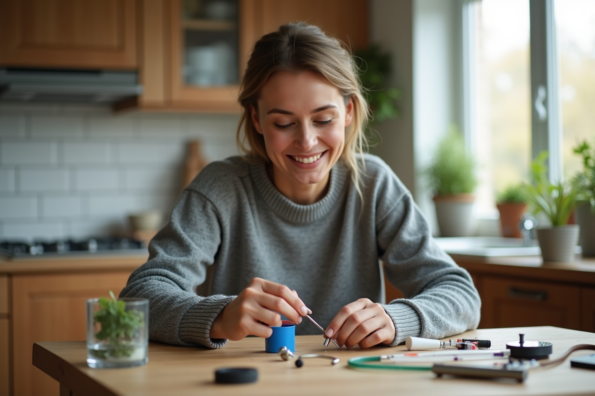 Femme en cuisine assemble un systeme d