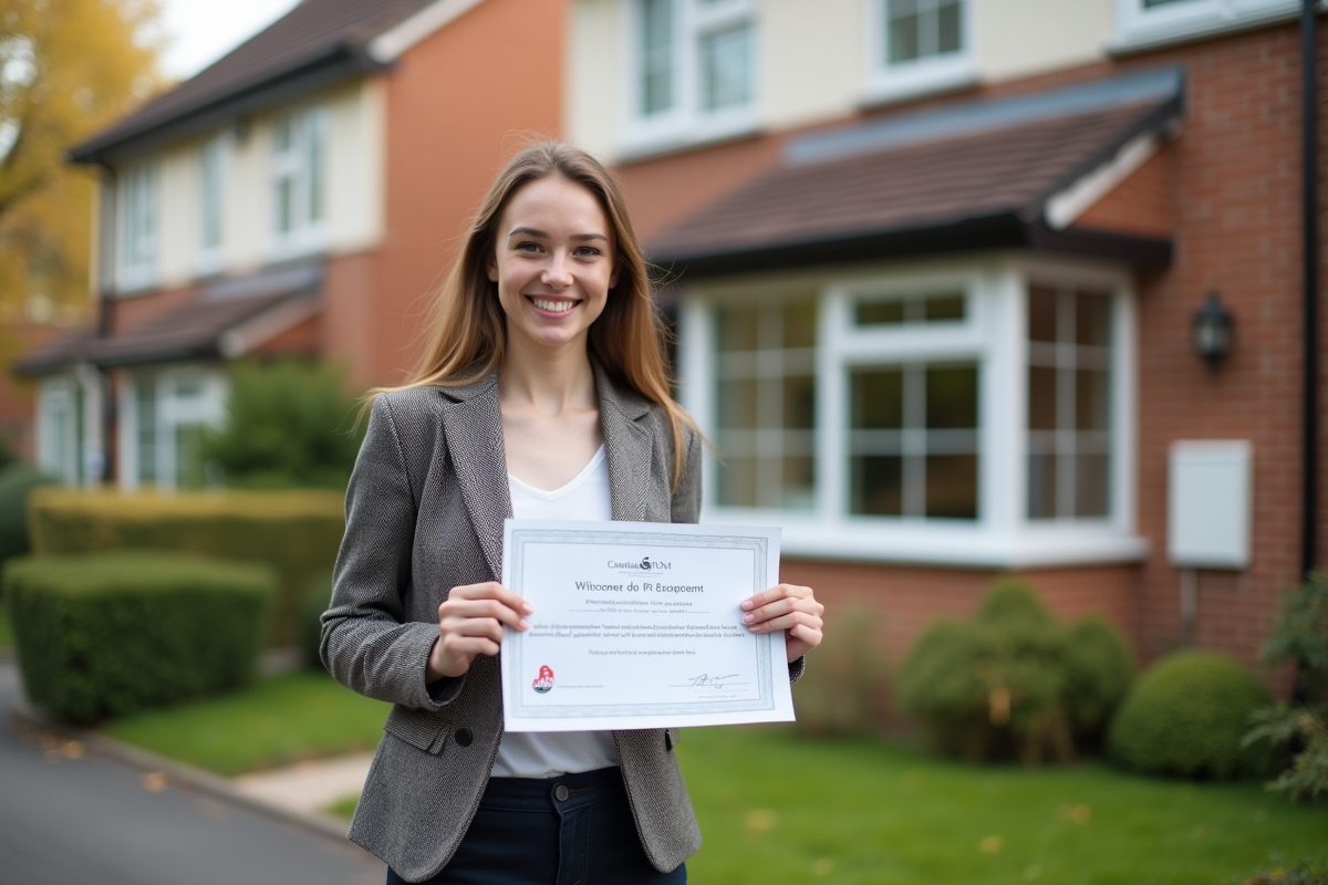 Jeune femme souriante tenant un certificat DPE devant une maison