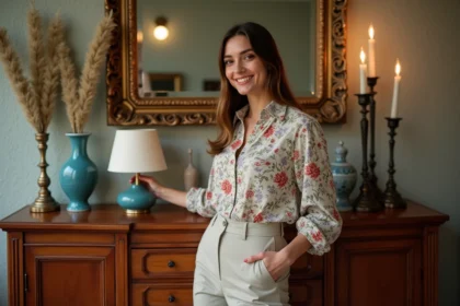 Femme souriante dans une boutique vintage élégante