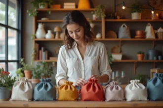Femme examine des sachets de tissu colorés dans une boutique chaleureuse