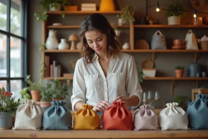 Femme examine des sachets de tissu colorés dans une boutique chaleureuse