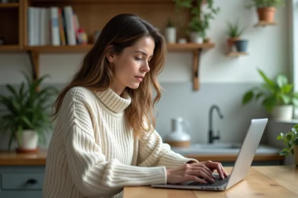 Femme assise à une table de cuisine utilisant un ordinateur