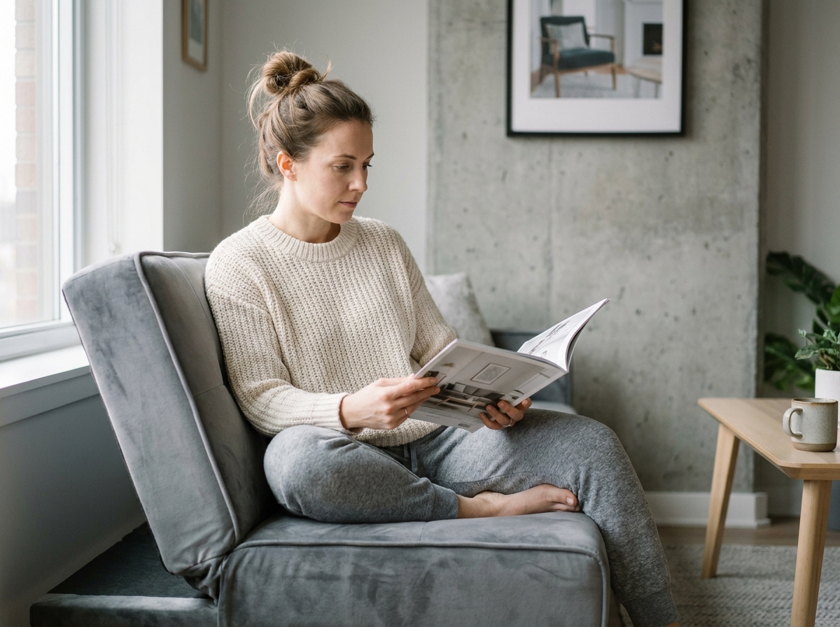 Jeune femme assise sur un canapé convertible en tissu velours gris dans un appartement cosy, feuilletant un catalogue déco