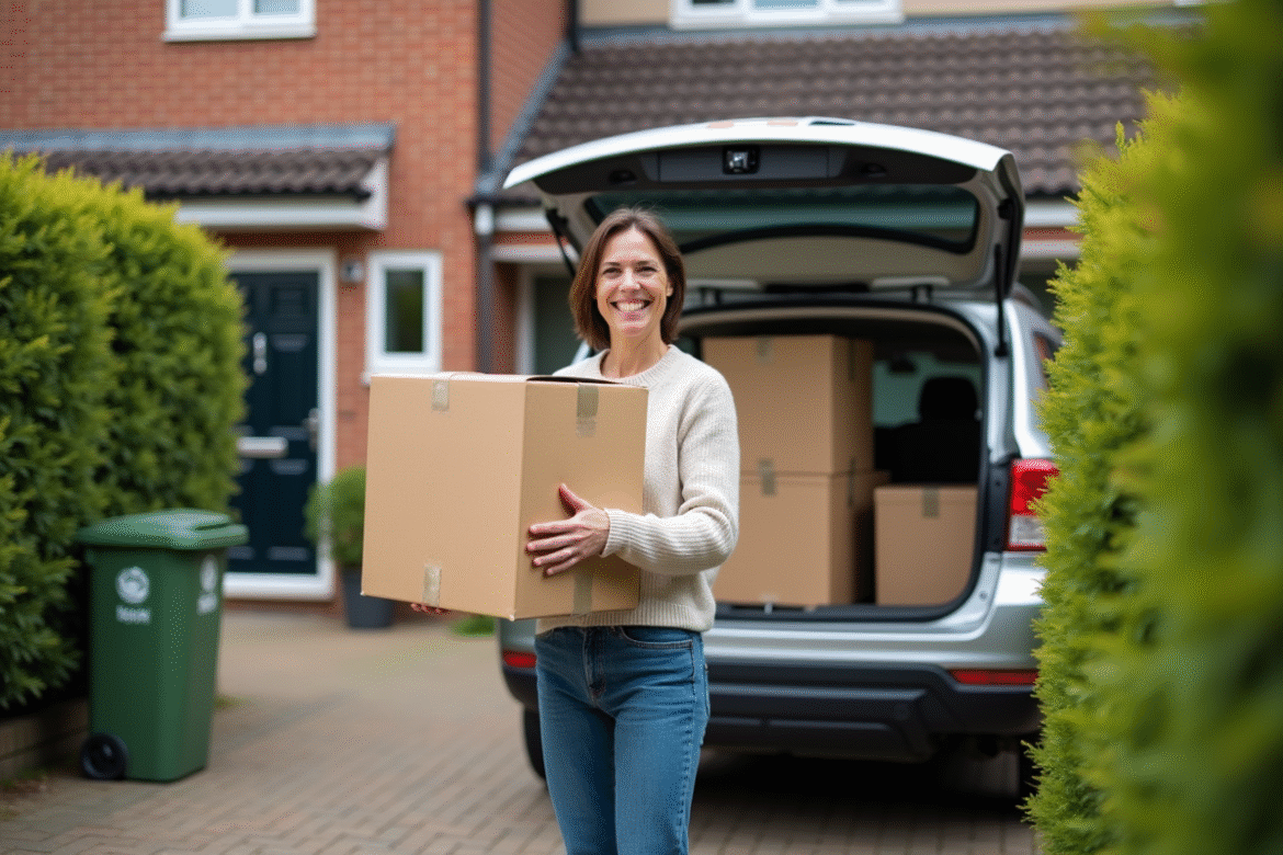 Femme chargant des cartons dans sa voiture dans une allée