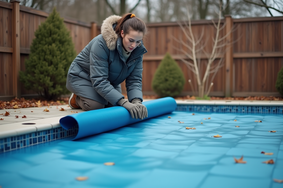 Jeune femme ajustant une couverture de piscine en automne