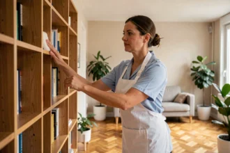 Femme de ménage professionnelle en uniforme bleu qui dépoussiète une bibliothèque dans un appartement moderne à Villeurbanne