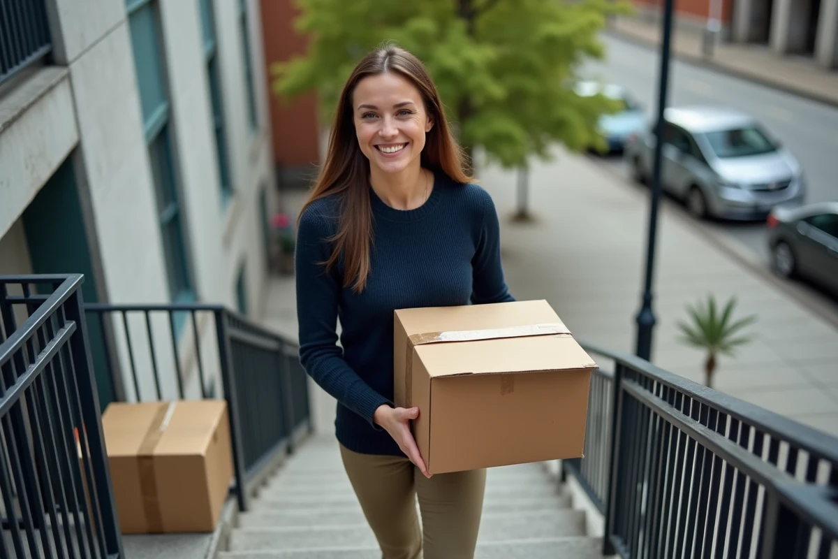 Femme souriante portant une petite caisse dans un escalier urbain